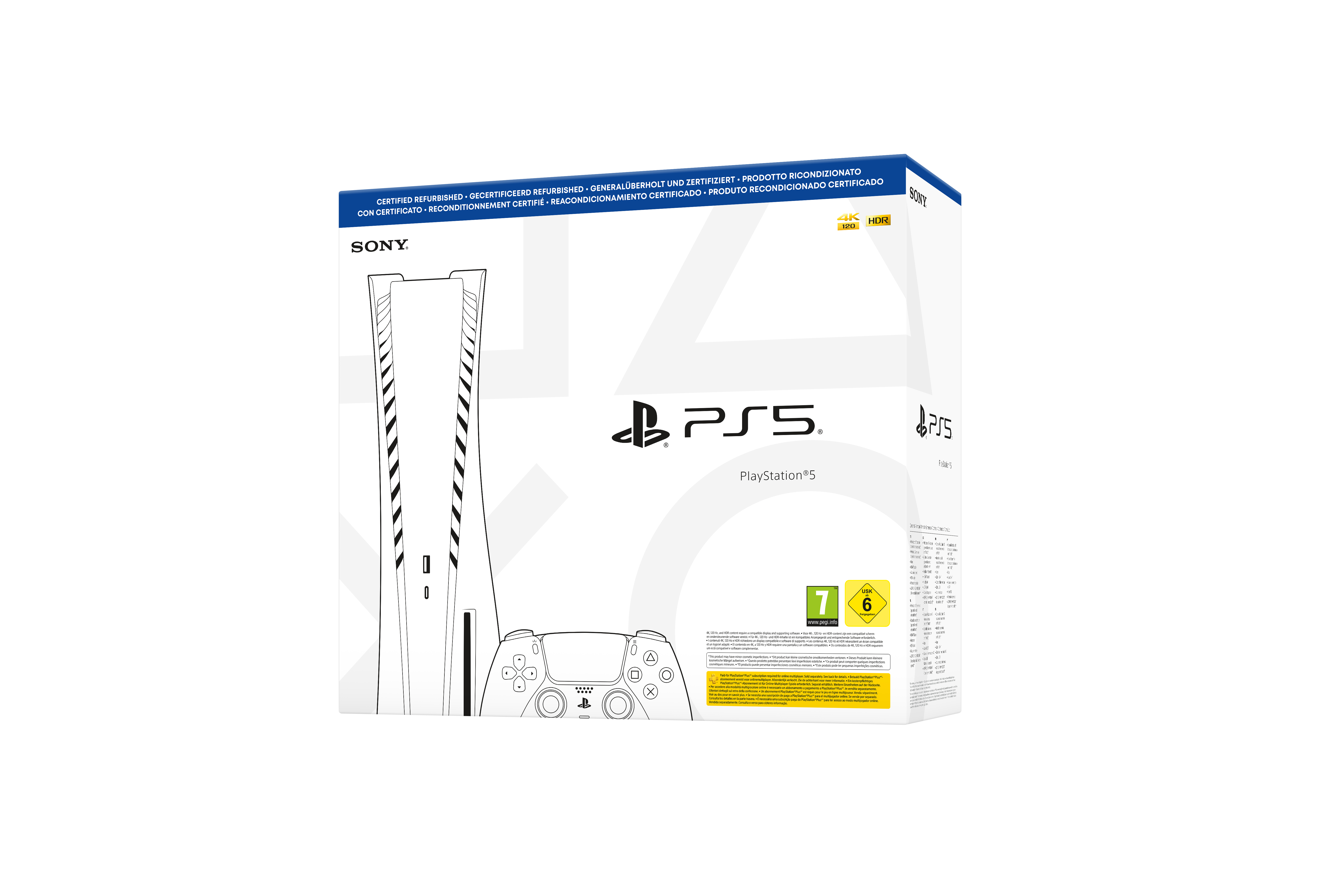 Ein PS5-Karton mit Konsole und Controller-Illustration auf weißem Hintergrund.