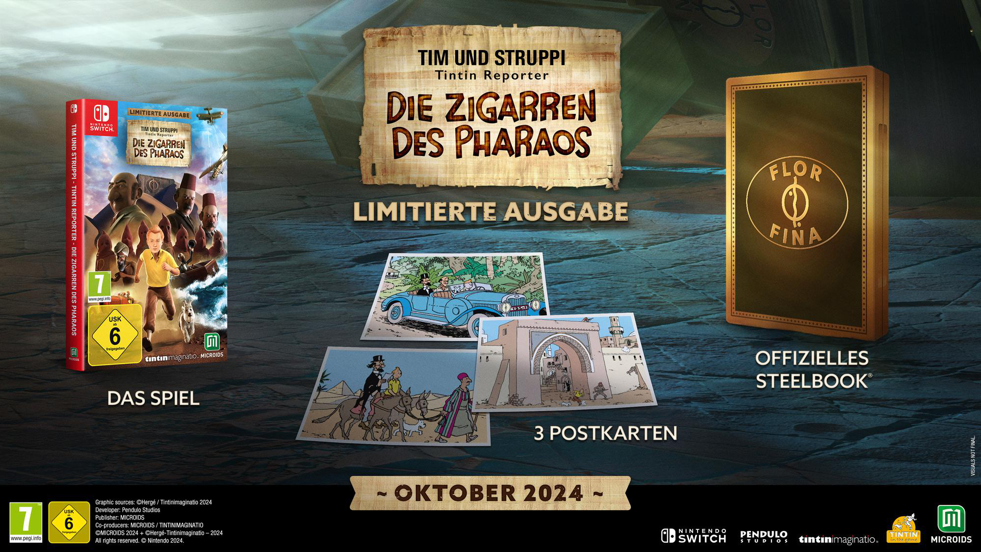 Spielverpackung für Tim und die Zigarren des Pharao, mit Spiel und Postkarten.