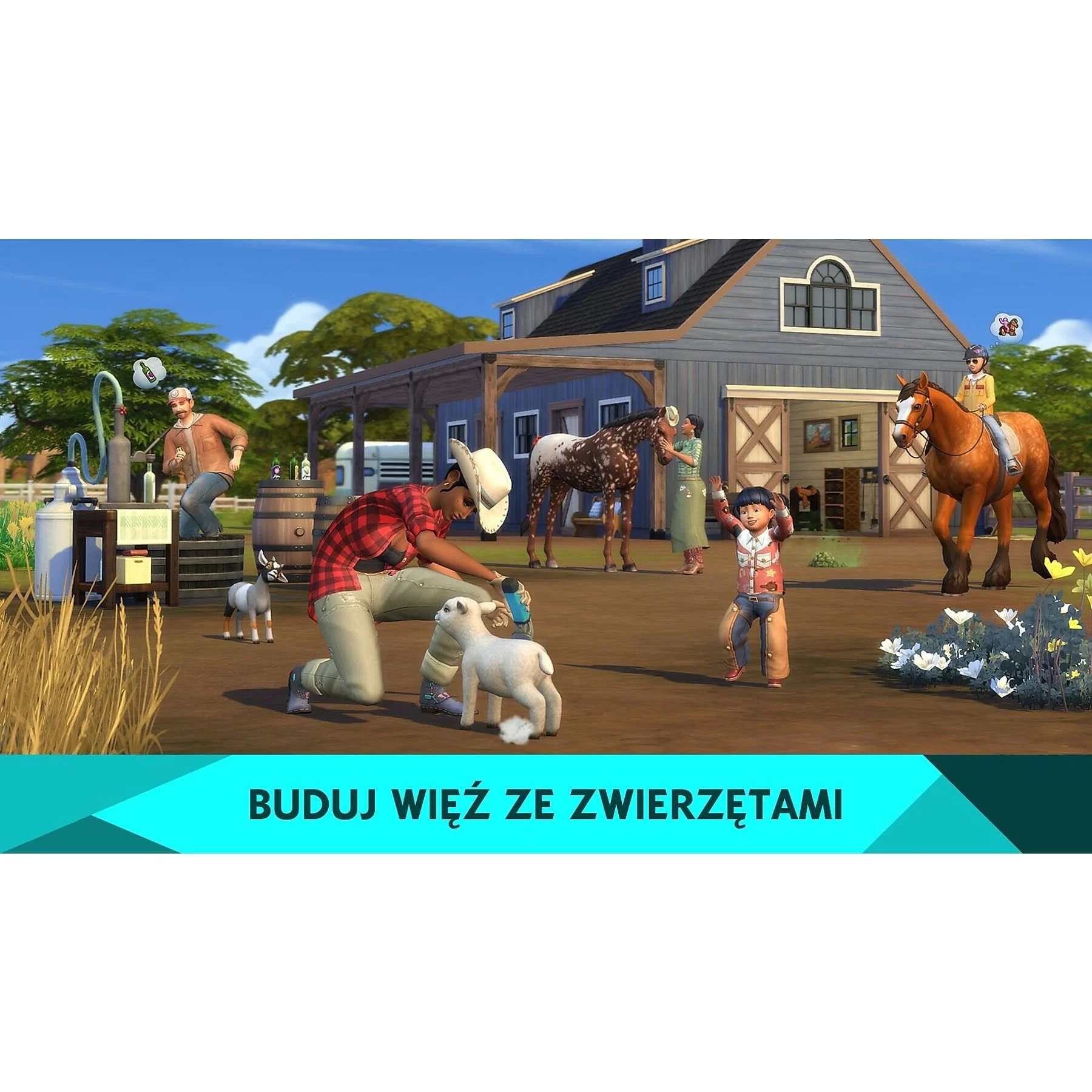 Ludzie na farmie, dziecko, jagnię i koń są w scenie.