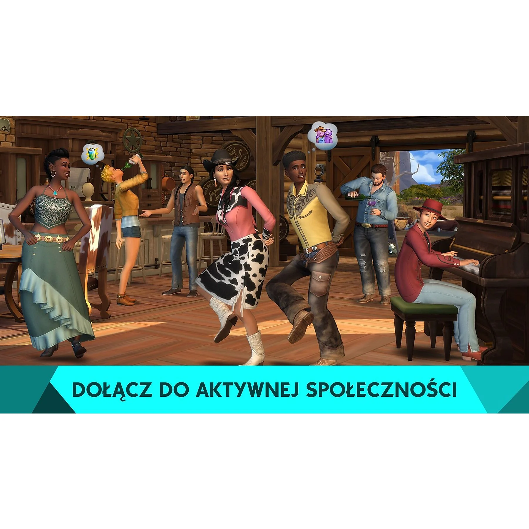 Grupa ludzi w scenie gry, tańczących w westernowym salonie.