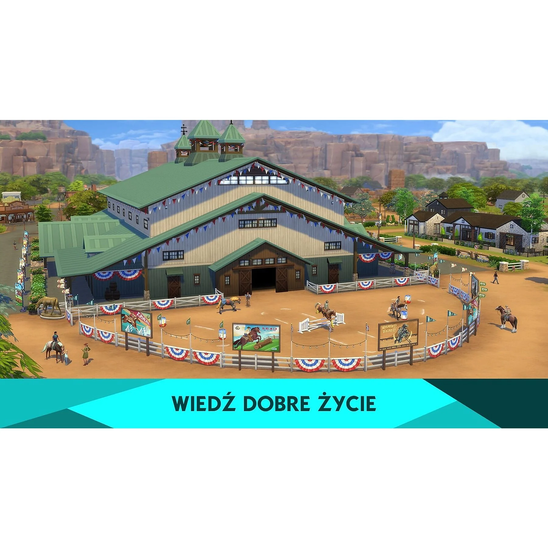 Scena z centrum jeździeckiego Sims 4 z budynkami, końmi i postaciami.