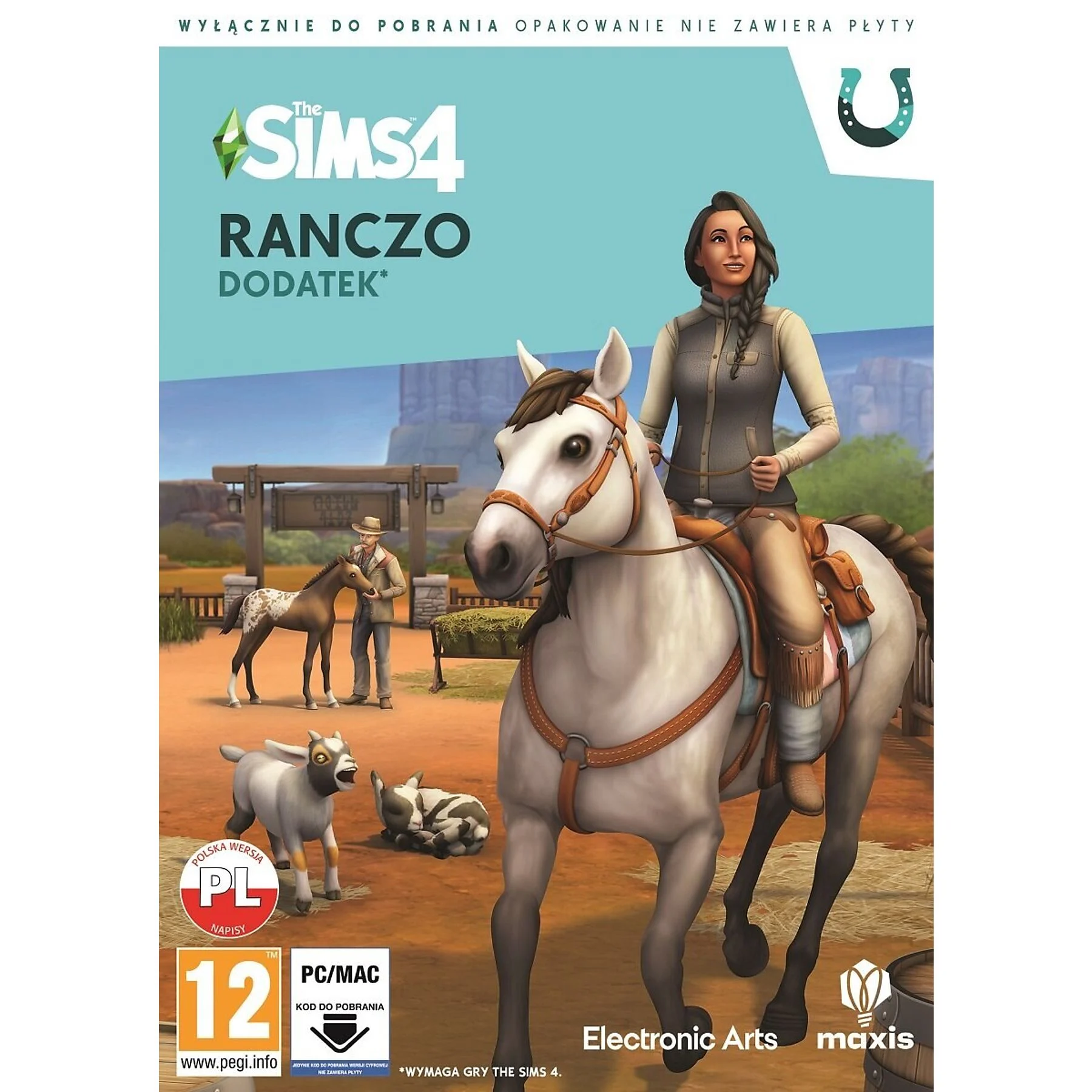 Okładka gry The Sims 4: Ranczo. Kobieta na koniu, mężczyzna i inne zwierzęta na farmie.