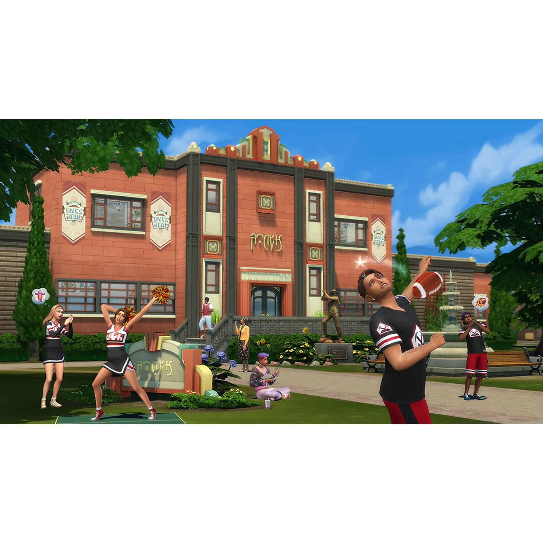 Postacie z Sims na szkolnym dziedzińcu z budynkiem w tle. Cheerleaderki.
