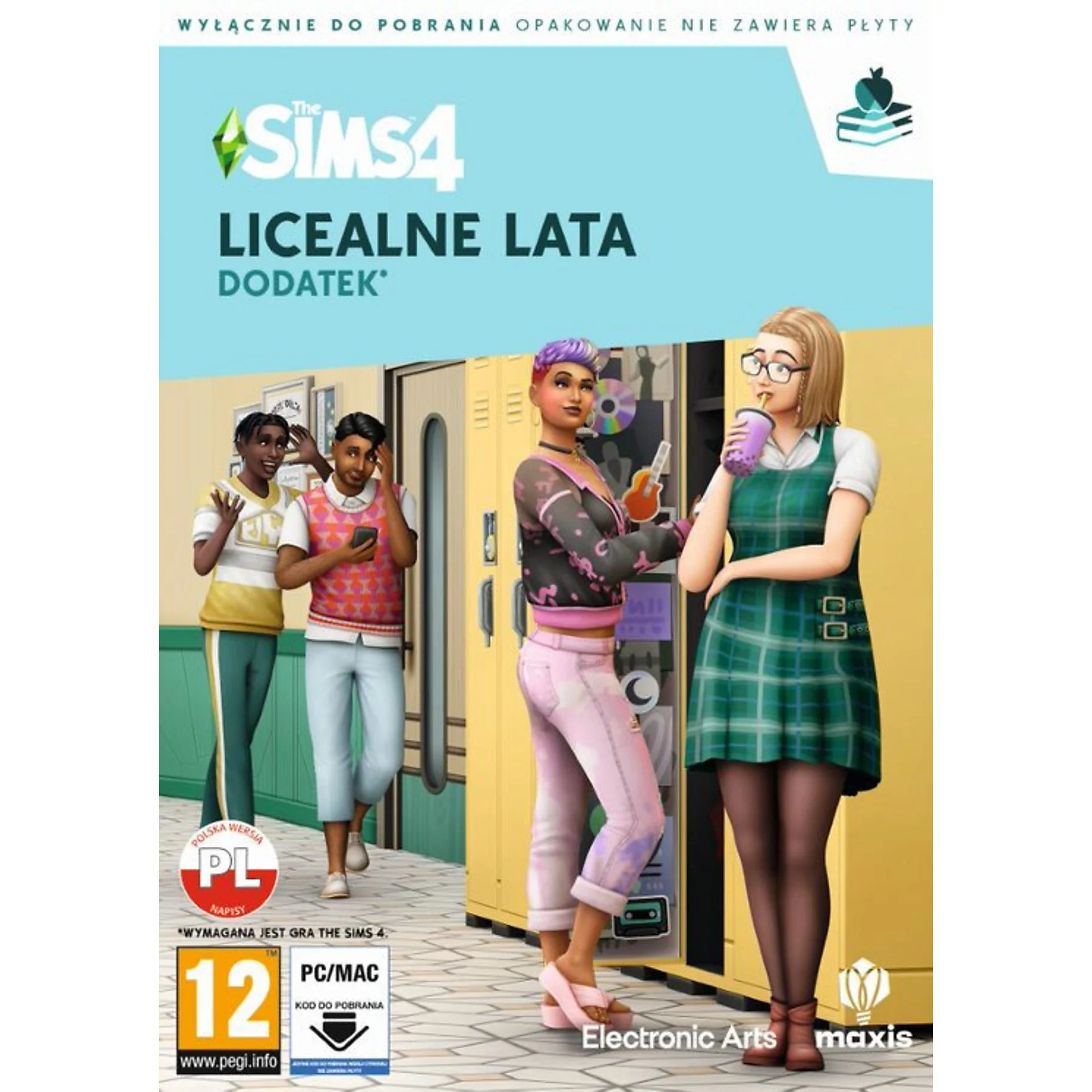 Okładka gry Sims 4 z nastolatkami. Tekst polski. Tło szafek.