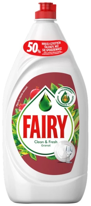 Butelka płynu do mycia naczyń Fairy z czerwoną zakrętką i etykietą z granatem i talerzem.