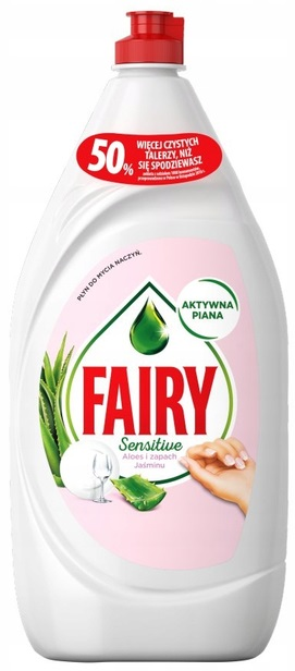 Butelka płynu do mycia naczyń Fairy Sensitive, z ilustracjami aloesu i jaśminu, schemat kolorów różowy i biały.