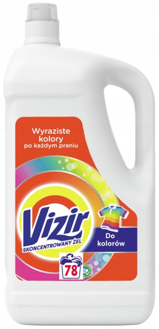 Butelka skoncentrowanego żelu do prania Vizir z ikoną tęczowej koszuli.