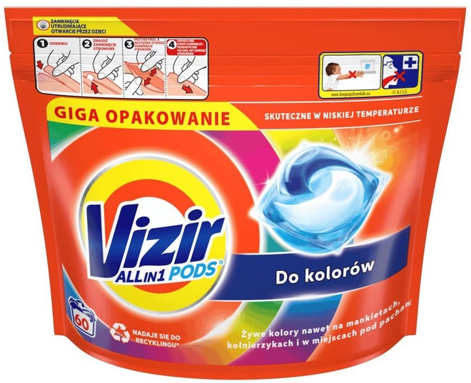 Opakowanie kapsułek do prania. Kolory czerwony, pomarańczowy i niebieski. Tekst: Vizir Allin1 Pods. 60 kapsułek.
