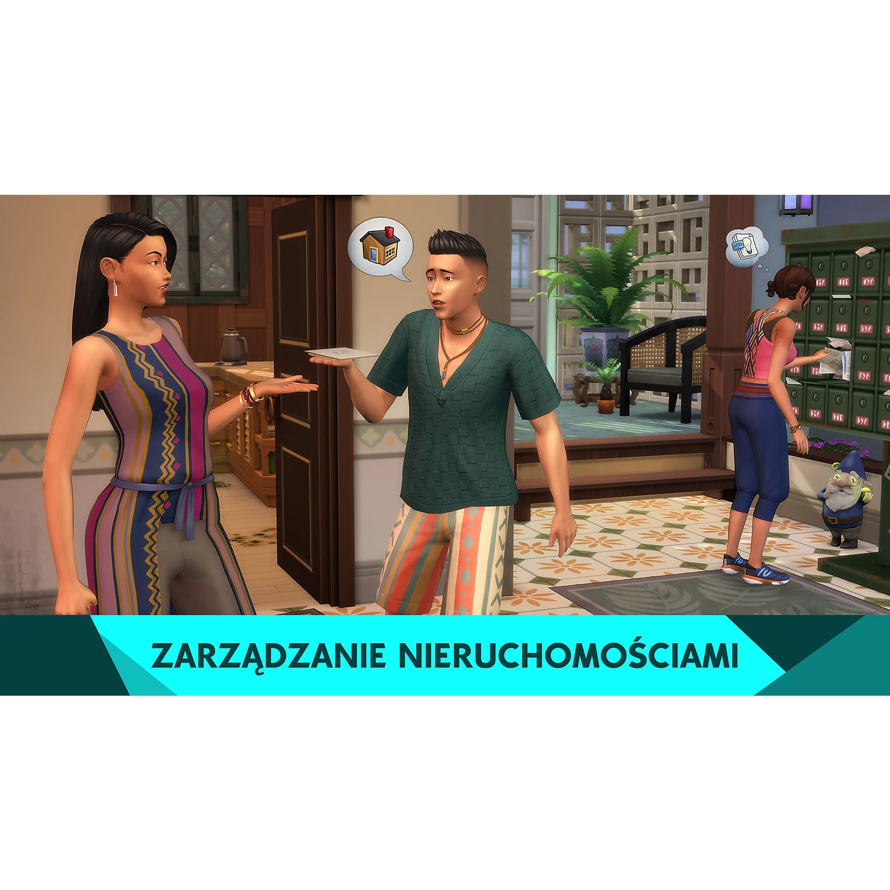 Dwie postacie z Simsów wchodzące ze sobą w interakcje w domowej scenie z nałożonym tekstem.