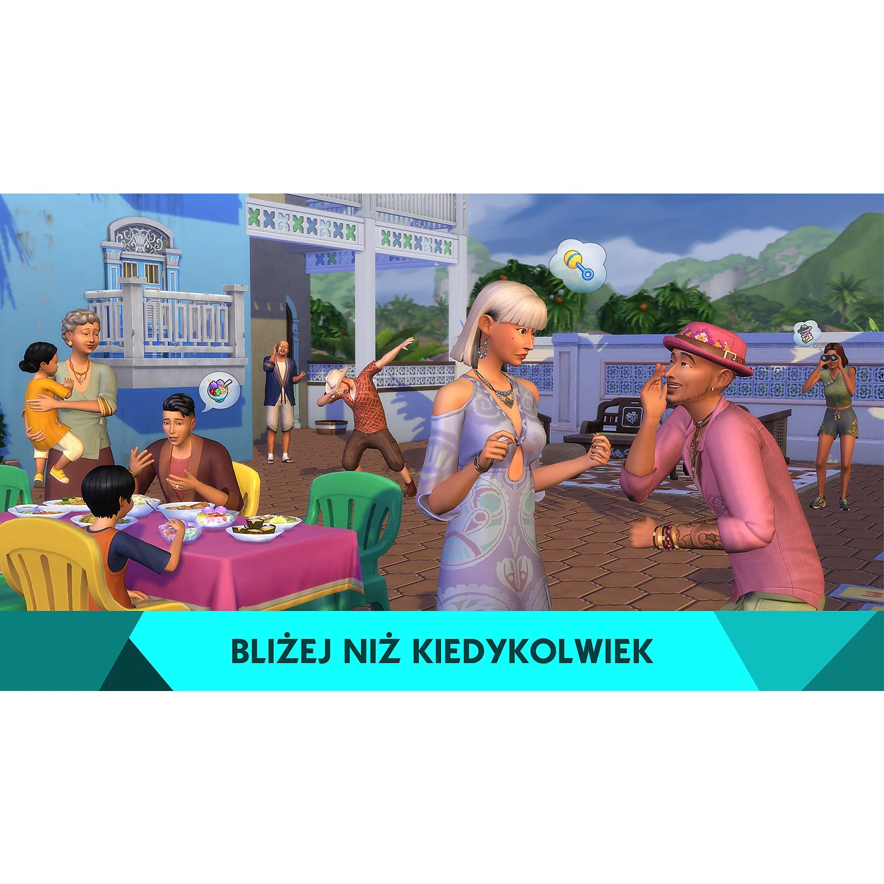 Pudełko gry Sims 4 z ludźmi na imprezie, tekst w języku polskim.