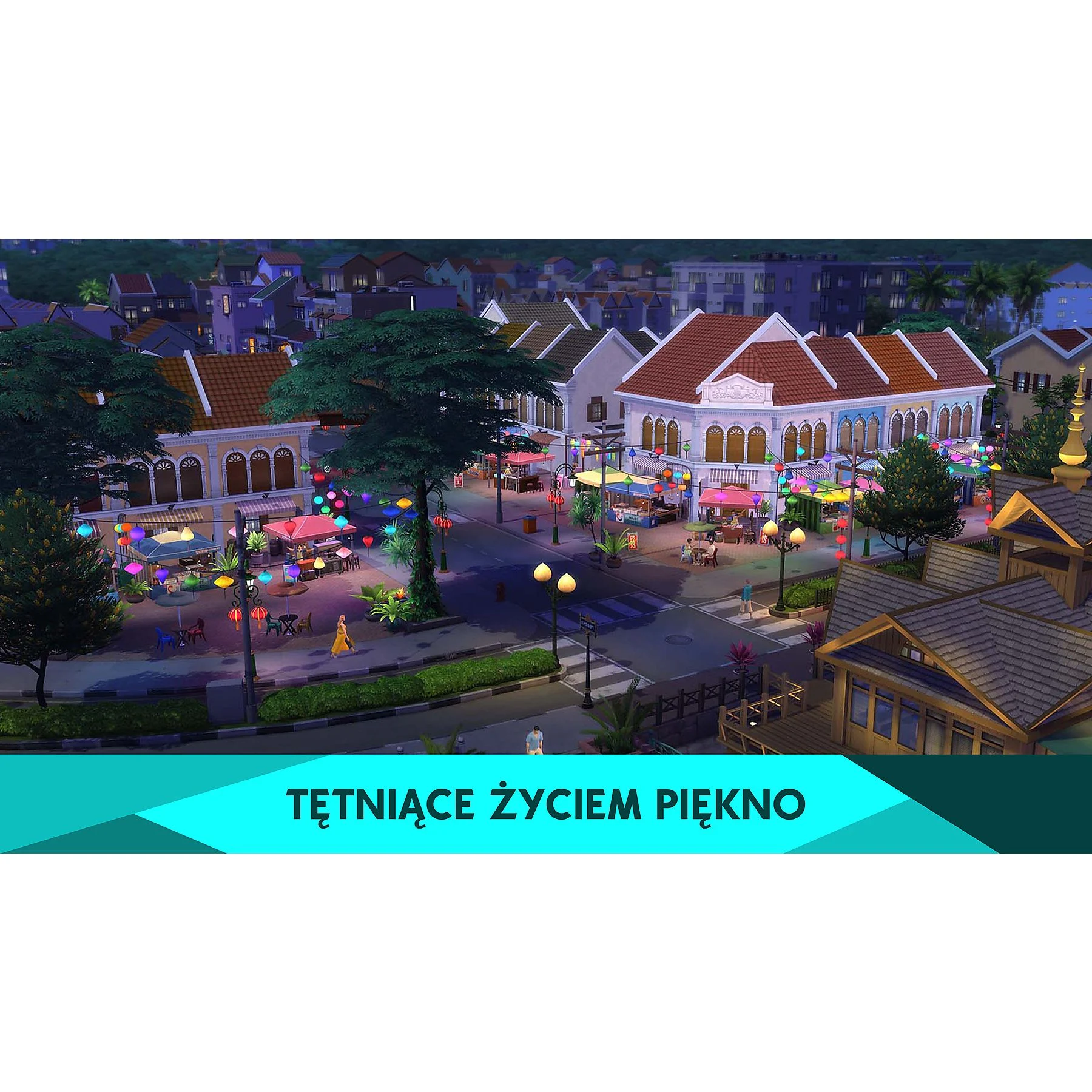 Scena z The Sims 4, miasto z kolorowymi budynkami i ludźmi. Tekst po polsku brzmi 'Tętniące życiem piękno'.