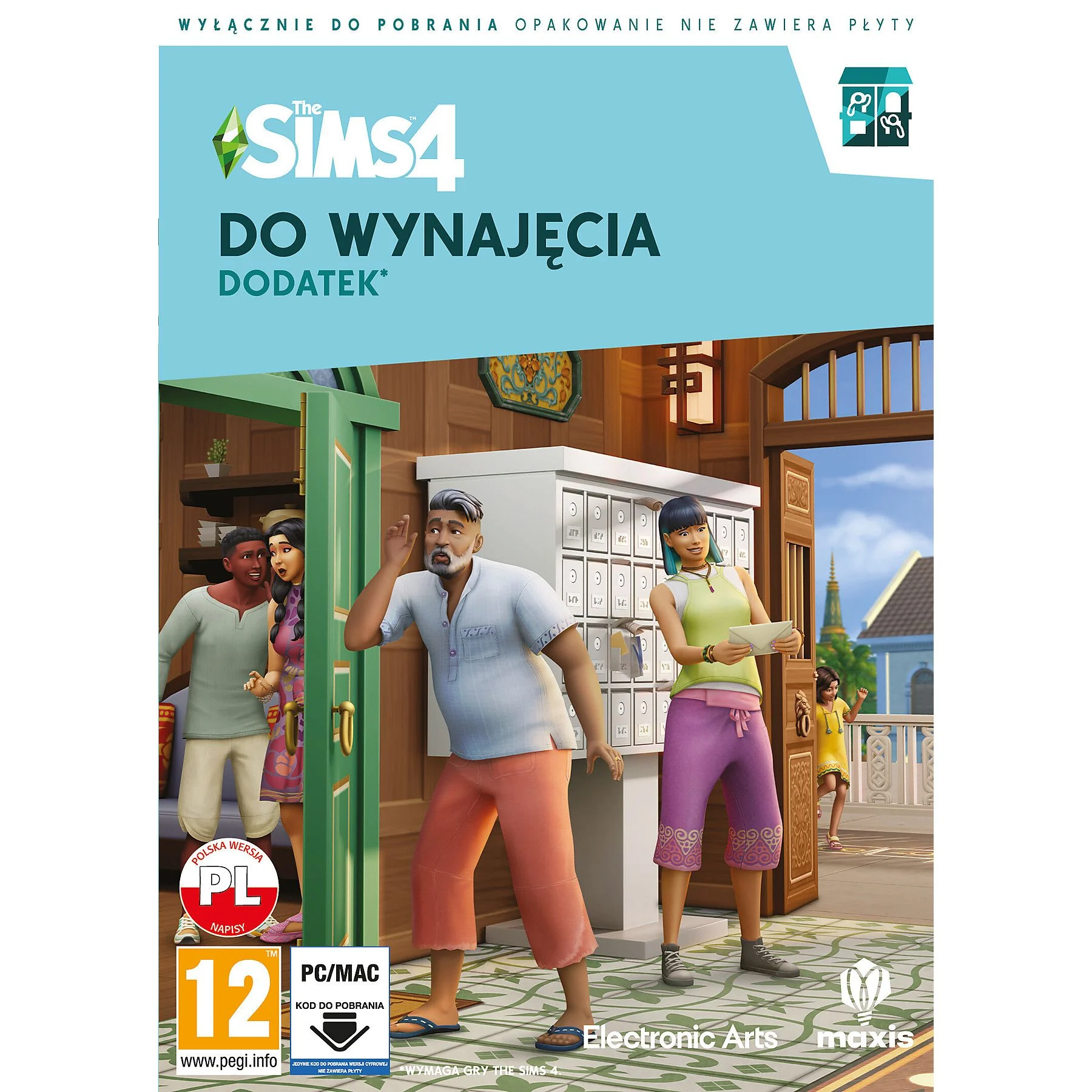 The Sims 4: Do Wynajęcia (For Rent) pudełko z grą. Kreskówkowa ilustracja ludzi przed budynkiem.