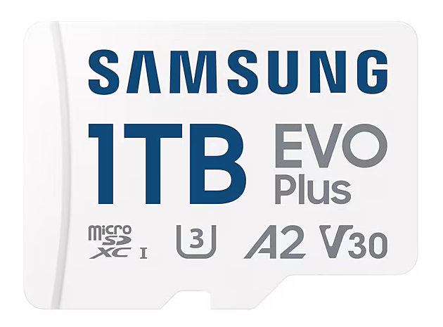 Biała karta microSD Samsung 1TB EVO Plus z marką i specyfikacjami.