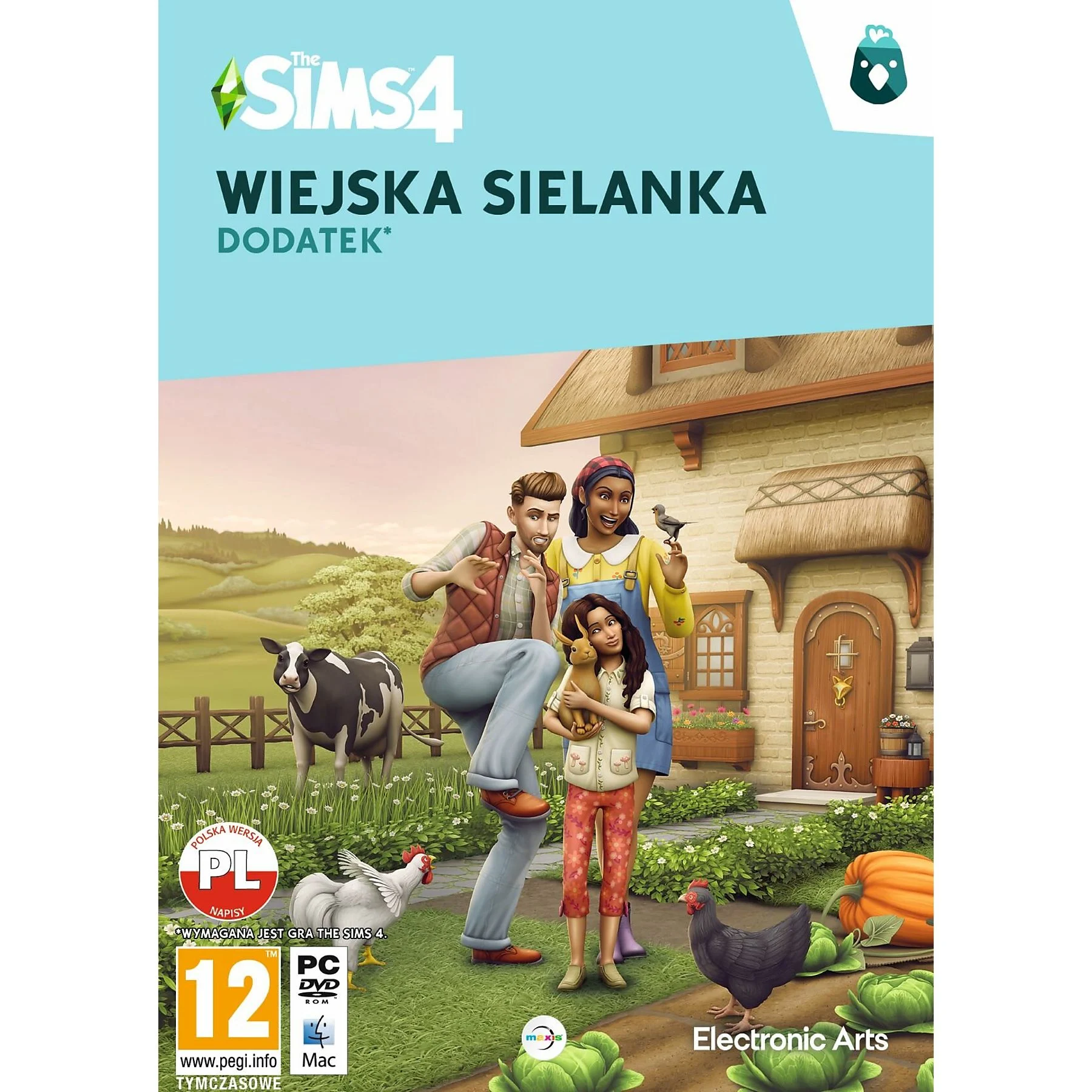 Okładka gry: Rodzina i scena wiejska z postaciami z The Sims. Tekst: The Sims 4, Wiejska Sielanka (Wieś).