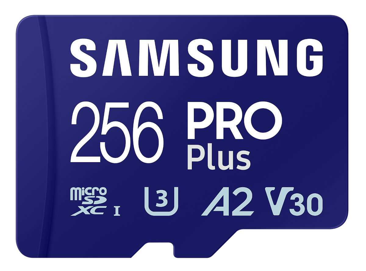 Niebieska karta microSD Samsung 256 PRO Plus z tekstem i symbolami na białym tle.