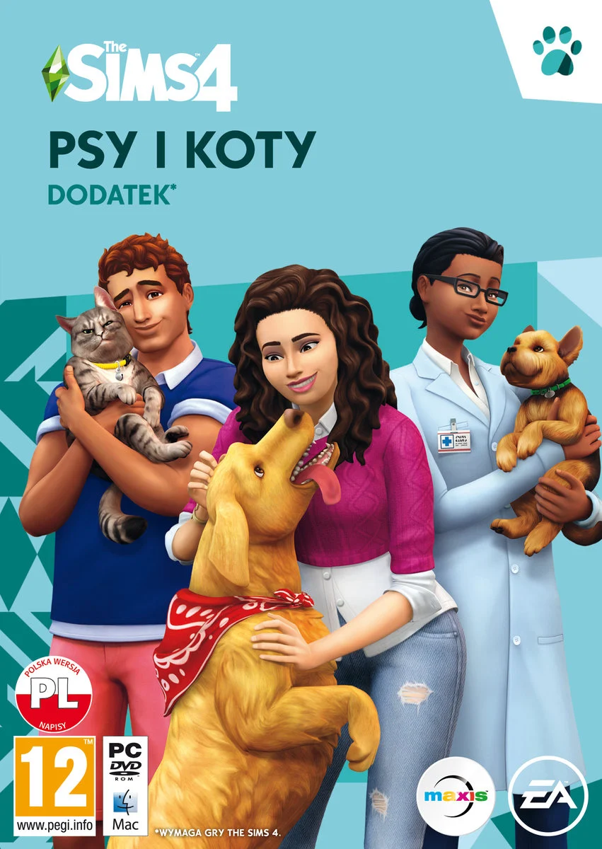 Okładka gry The Sims 4 z ludźmi i zwierzętami. Kolorowy, kreskówkowy styl.