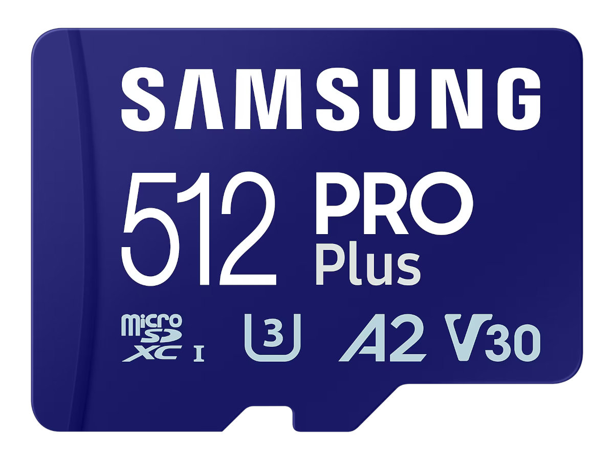 Niebieska karta microSD Samsung 512 PRO Plus z białym tekstem.