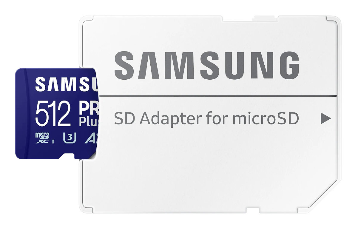 Niebieska i biała karta SD Samsung i adapter, z logo i tekstem Samsung.