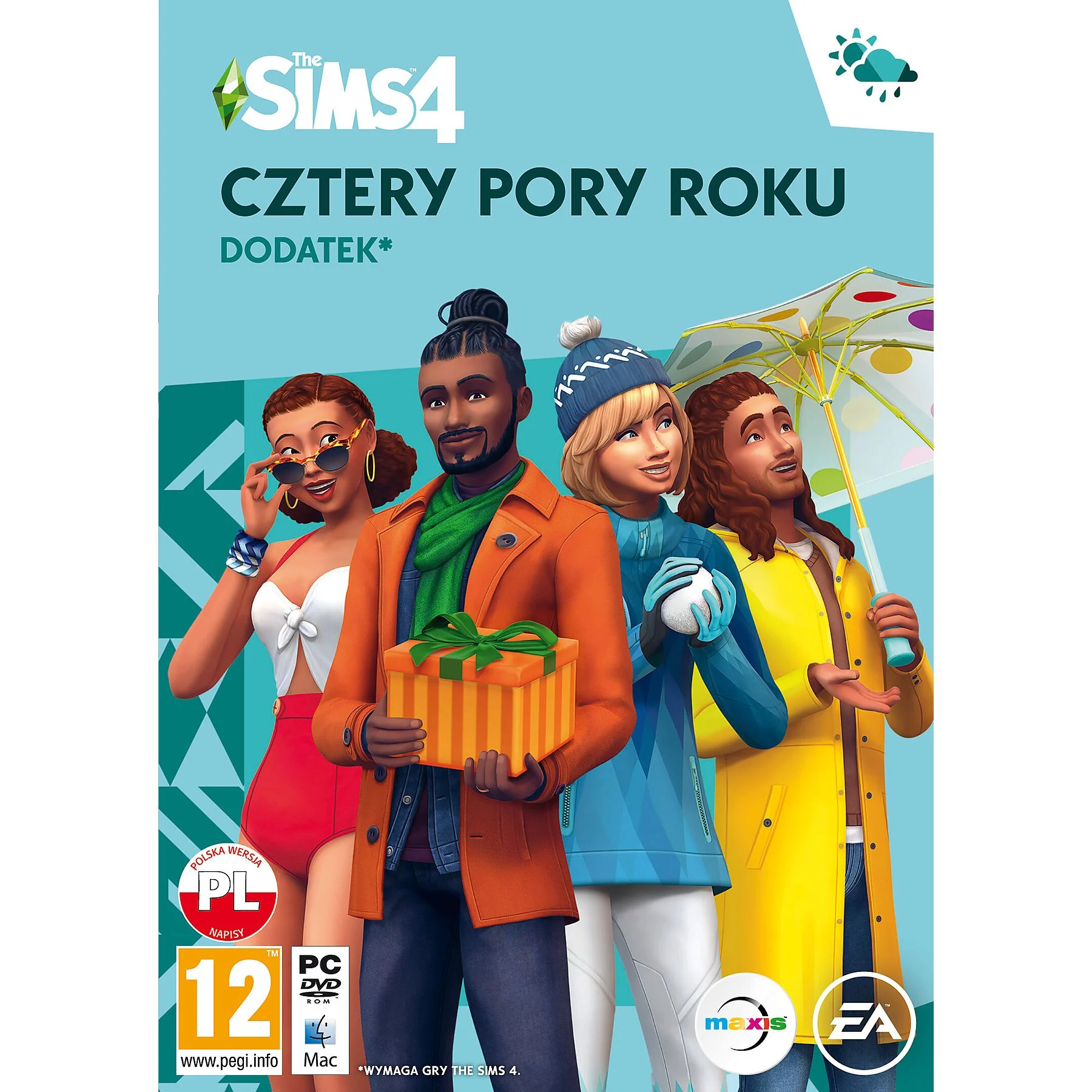 Okładka gry The Sims 4. Postacie reprezentujące pory roku są pokazane na okładce.