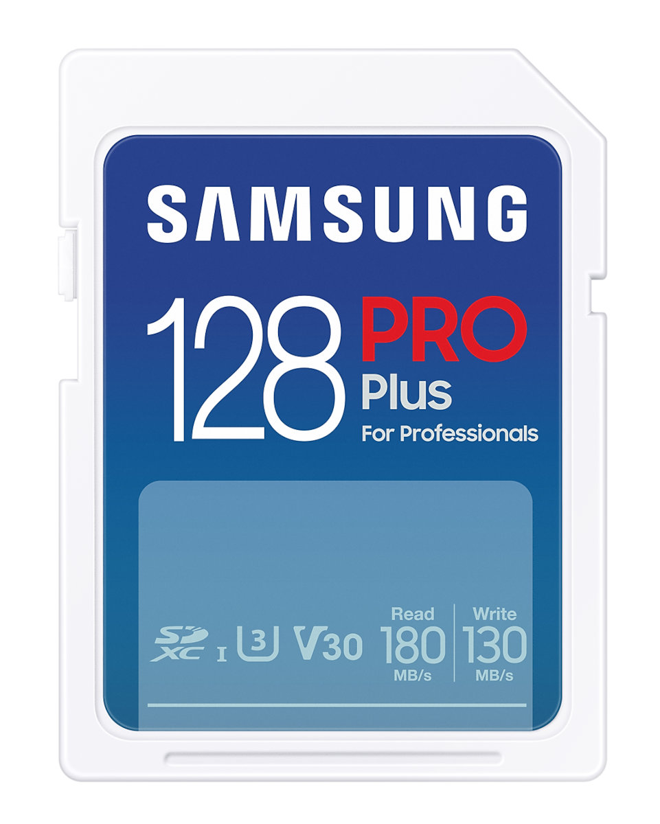 Karta SD Samsung 128 Pro Plus. Kolory niebieski i biały, tekst: 128 Pro Plus i prędkości odczytu/zapisu.