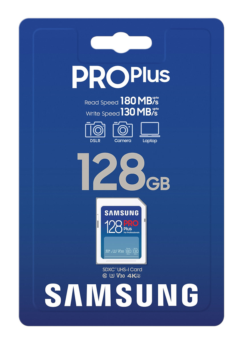 Opakowanie karty pamięci Samsung Pro Plus 128GB. Kolory niebieski i biały.
