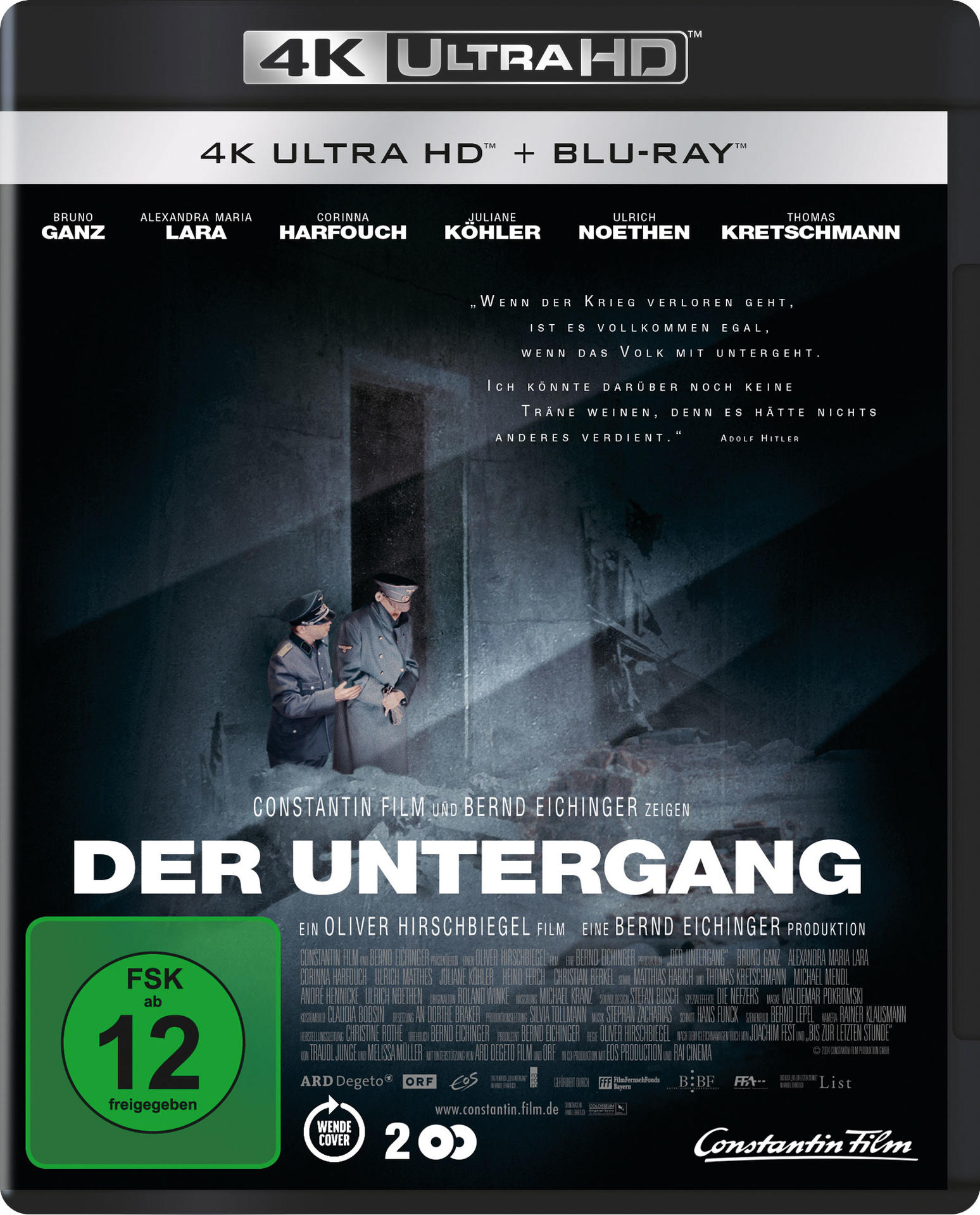 Filmcover. Zwei Männer. Text: 'Der Untergang'. 4K Ultra HD und Blu-ray.