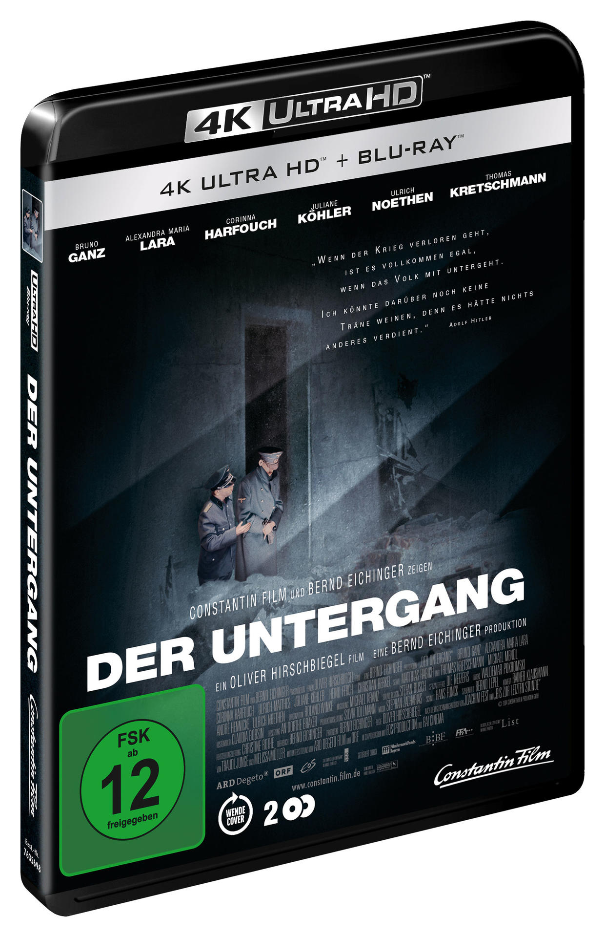 4K Ultra HD Blu-ray-Hülle für "Der Untergang". Dunkel, mit Filmtitel und Schauspielern.