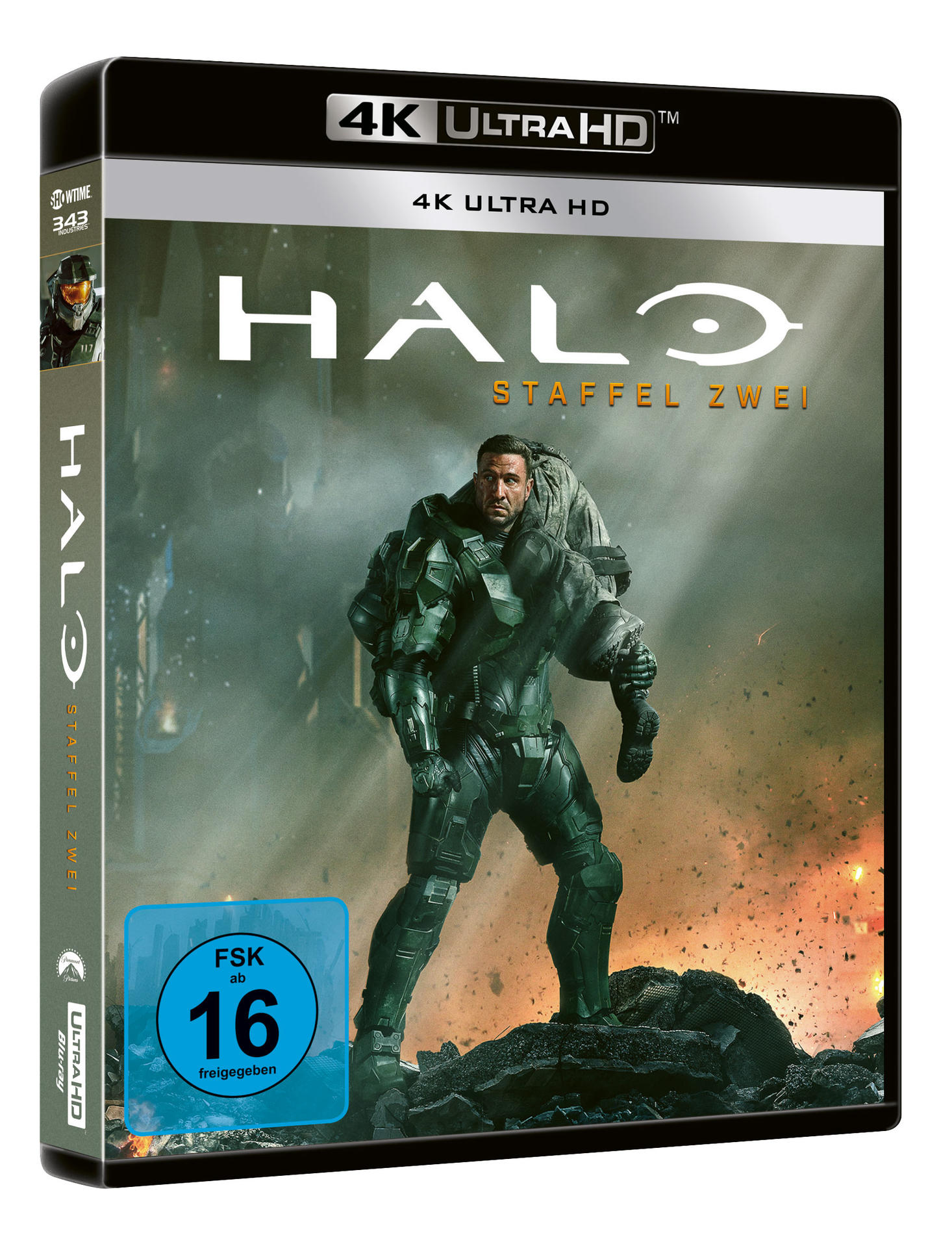 Eine Halo 4K Ultra HD Blu-ray Hülle mit einem Soldaten, der einen anderen hält.