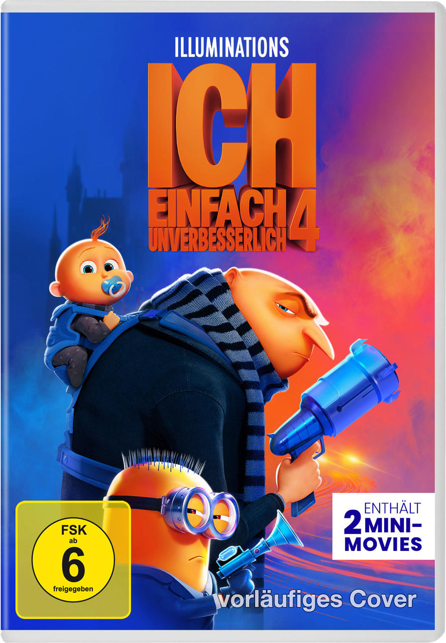 Ich Einfach Unverbesserlich 4 DVD-Cover. Gru und Minions in Blau und Orange. Baby Minion auf Grus Rücken.