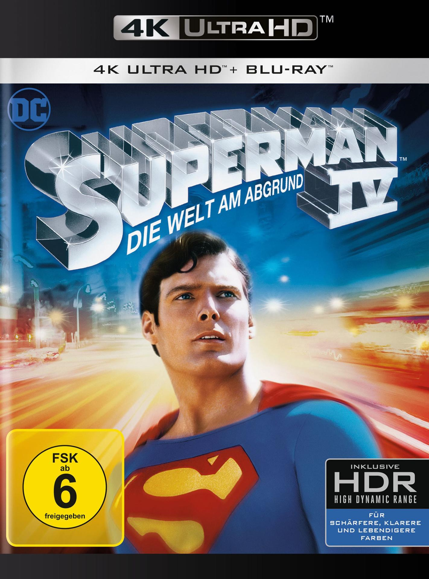 Superman IV Filmcover. Christopher Reeve im Kostüm, Titel: Die Welt am Abgrund.