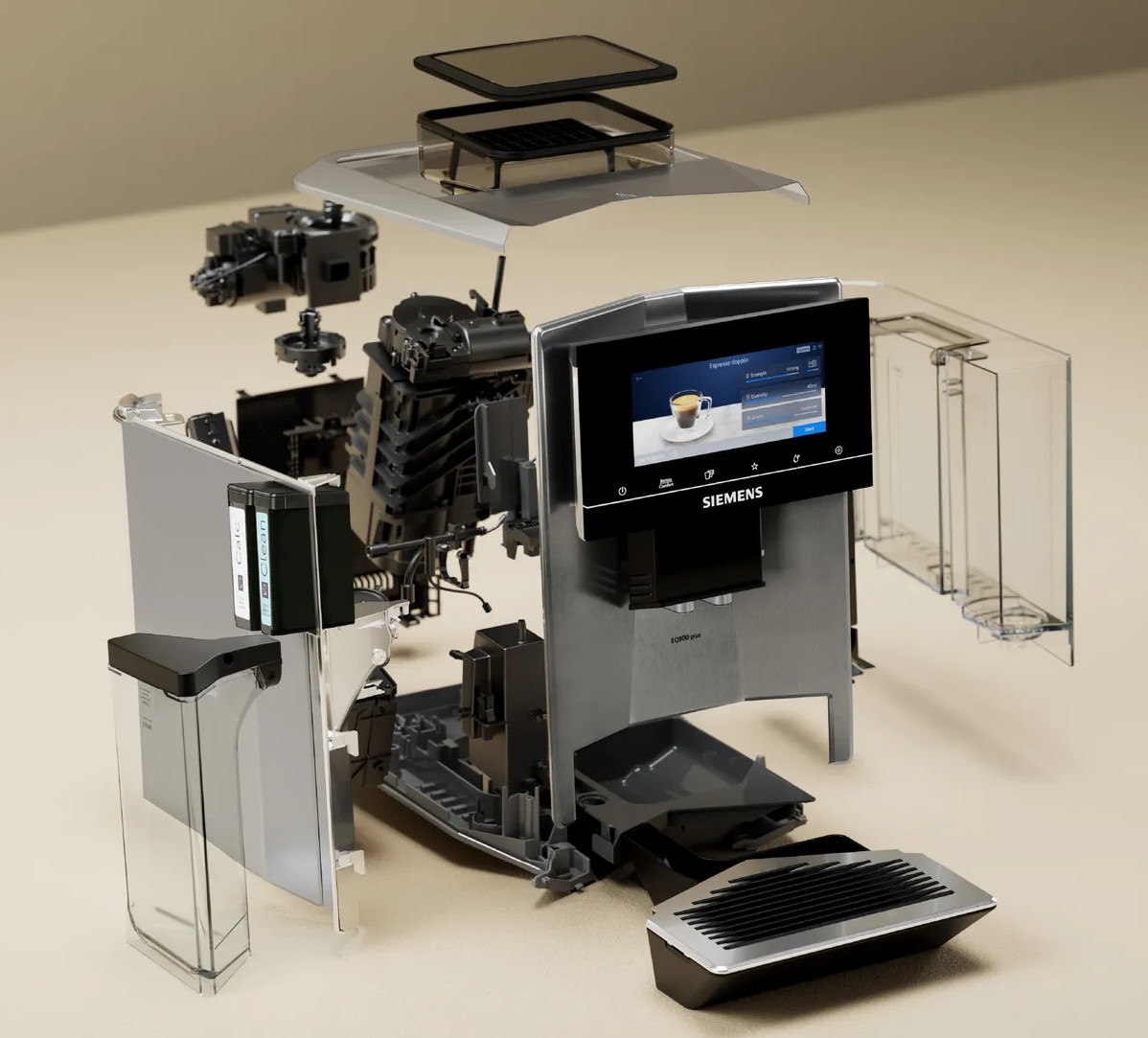 Ekspres do kawy zdemontowany, pokazujący wewnętrzne komponenty i części.