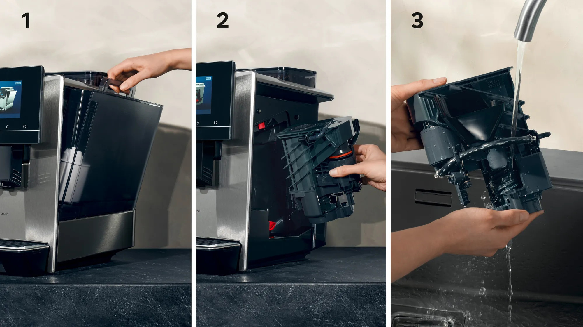 Trzyetapowy obraz czyszczenia ekspresu do kawy. Osoba wyjmuje i płucze część.