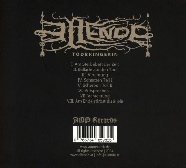 Schwarz-weißes Albumcover mit Text. Titel: Todbringerin. Titelliste und Logo unten.