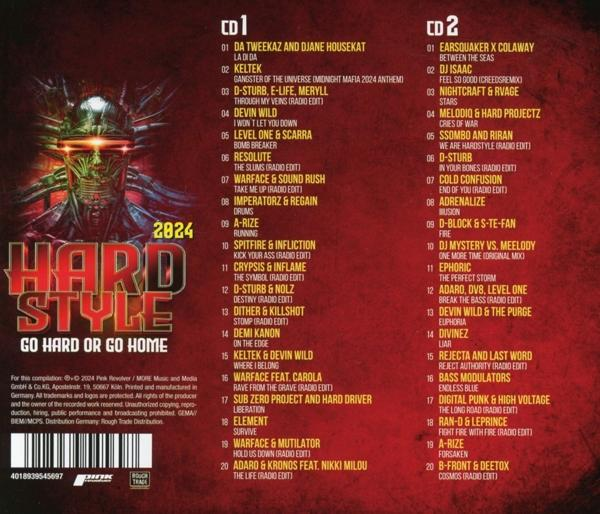 Albumcover mit stilisiertem rot-schwarzem Design und einer Liste von Hardstyle-Musiktracks.