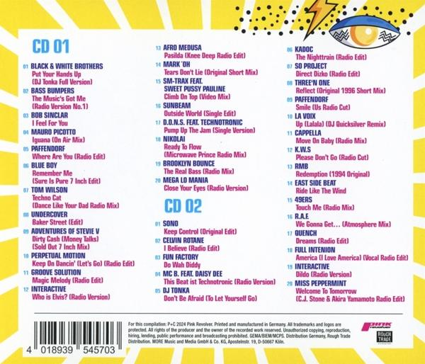 Eine Liste von Songtiteln auf einer CD-Hülle. Das Cover hat ein Blitz-Auge mit Text und einem Barcode.