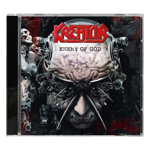 CD-Cover mit Schädel, Gehirn und Metallelementen. Der Titel lautet "Enemy of God".