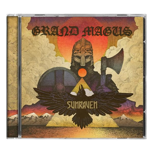 Grand Magus Sunken CD-Cover. Ein Wikingerkrieger mit Axt, dunklem Raben und Sonnenuntergang.
