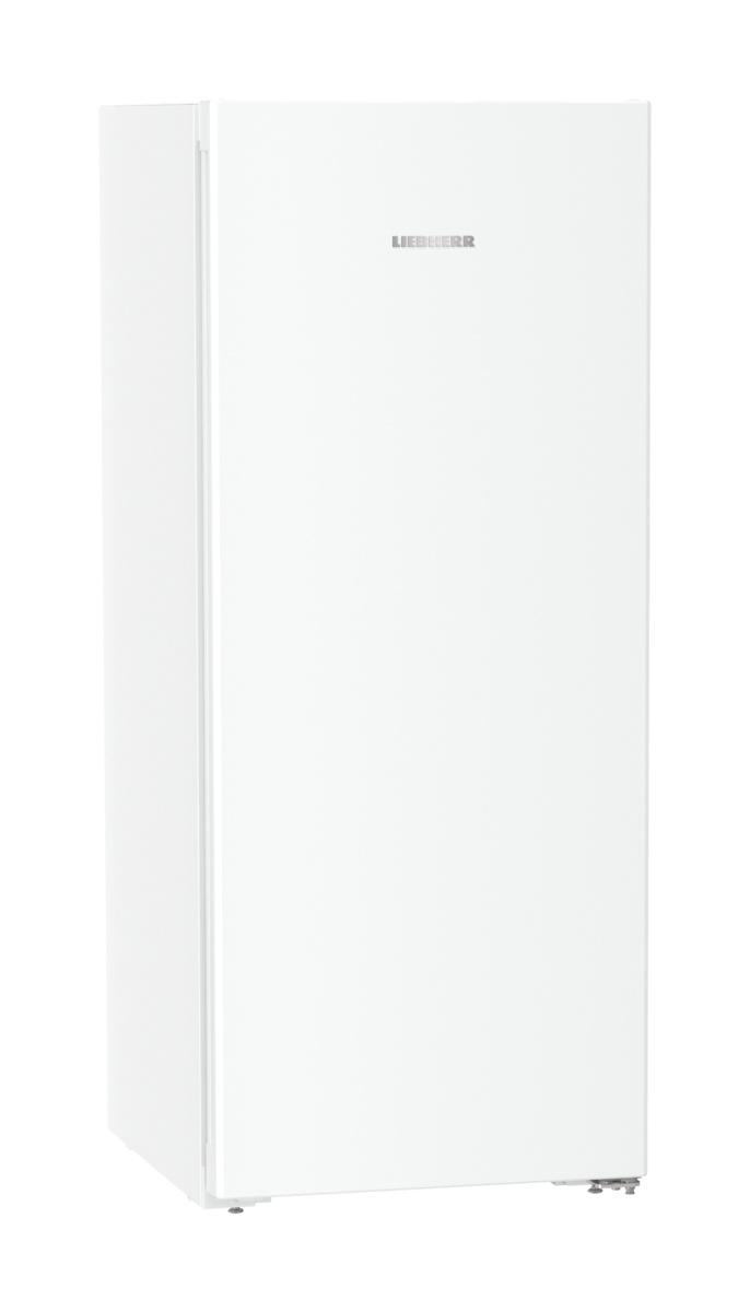 Weißer Liebherr-Kühlschrank. Hohe, rechteckige Form. Markenname oben. Sauberes, modernes Design.