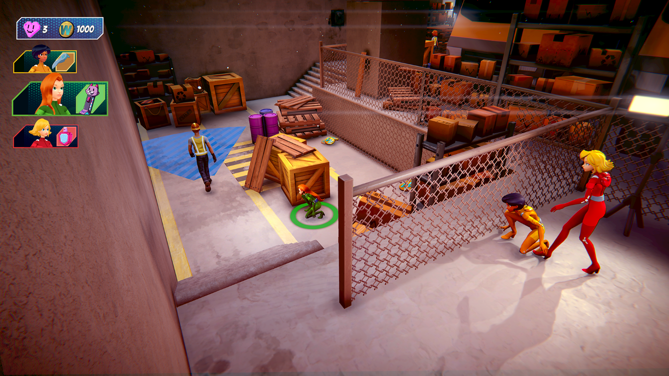 Scena z gry wideo z trzema postaciami w otoczeniu magazynu.