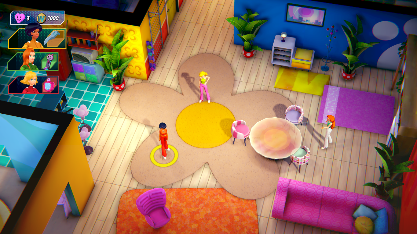 Widok z góry na scenę gry z postaciami z kreskówek w sklepie.