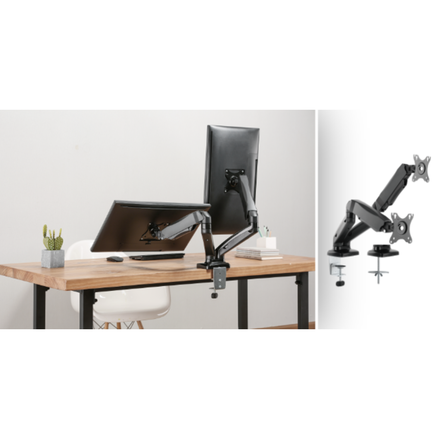 Dual monitor setup on a desk, with a desk clamp and an additional view of the monitor arm.