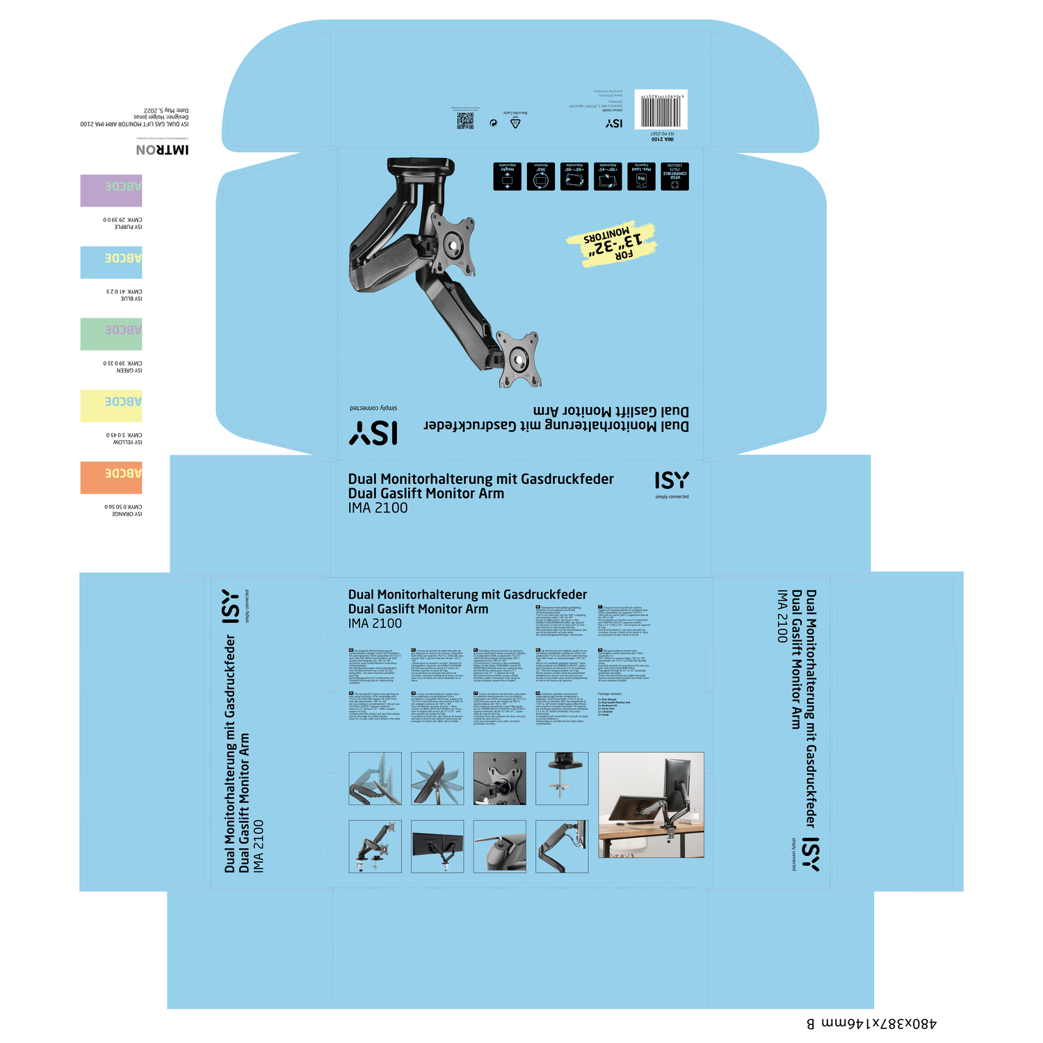Flatpack box with a monitor arm image and text in multiple languages.
