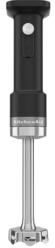 Egy fekete KitchenAid botmixer ezüst alappal és bekapcsológombbal.