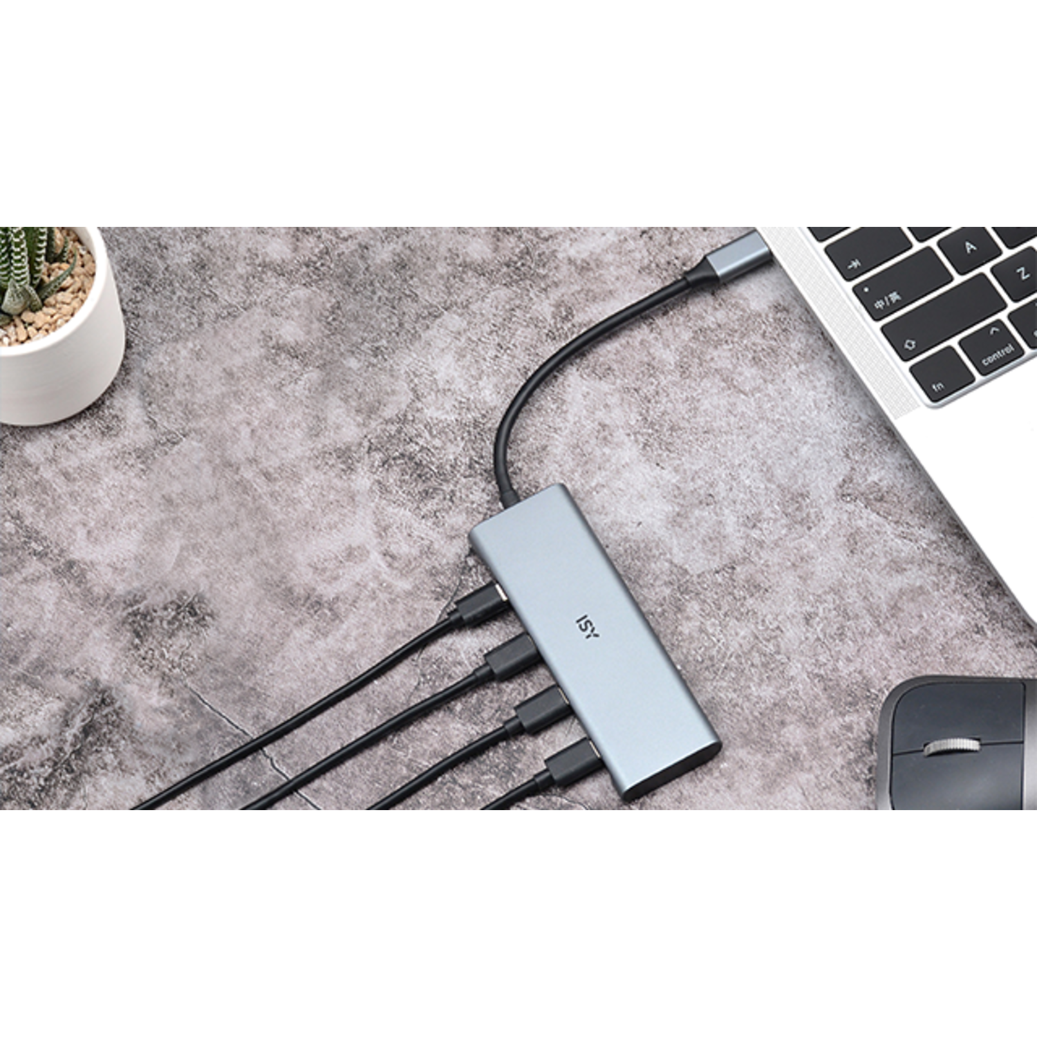 A silver hub with multiple ports is connected to a laptop. A small plant and a mouse are nearby.