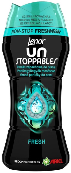 Czarna butelka Lenor Unstoppables. Turkusowa góra, czarny korpus z turkusowymi perełkami zapachowymi. Świeży zapach.