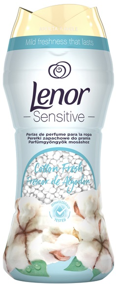 Pojemnik na perełki do prania Lenor Sensitive. Biało-błękitny z bawełnianym i kwiatowym wzorem.