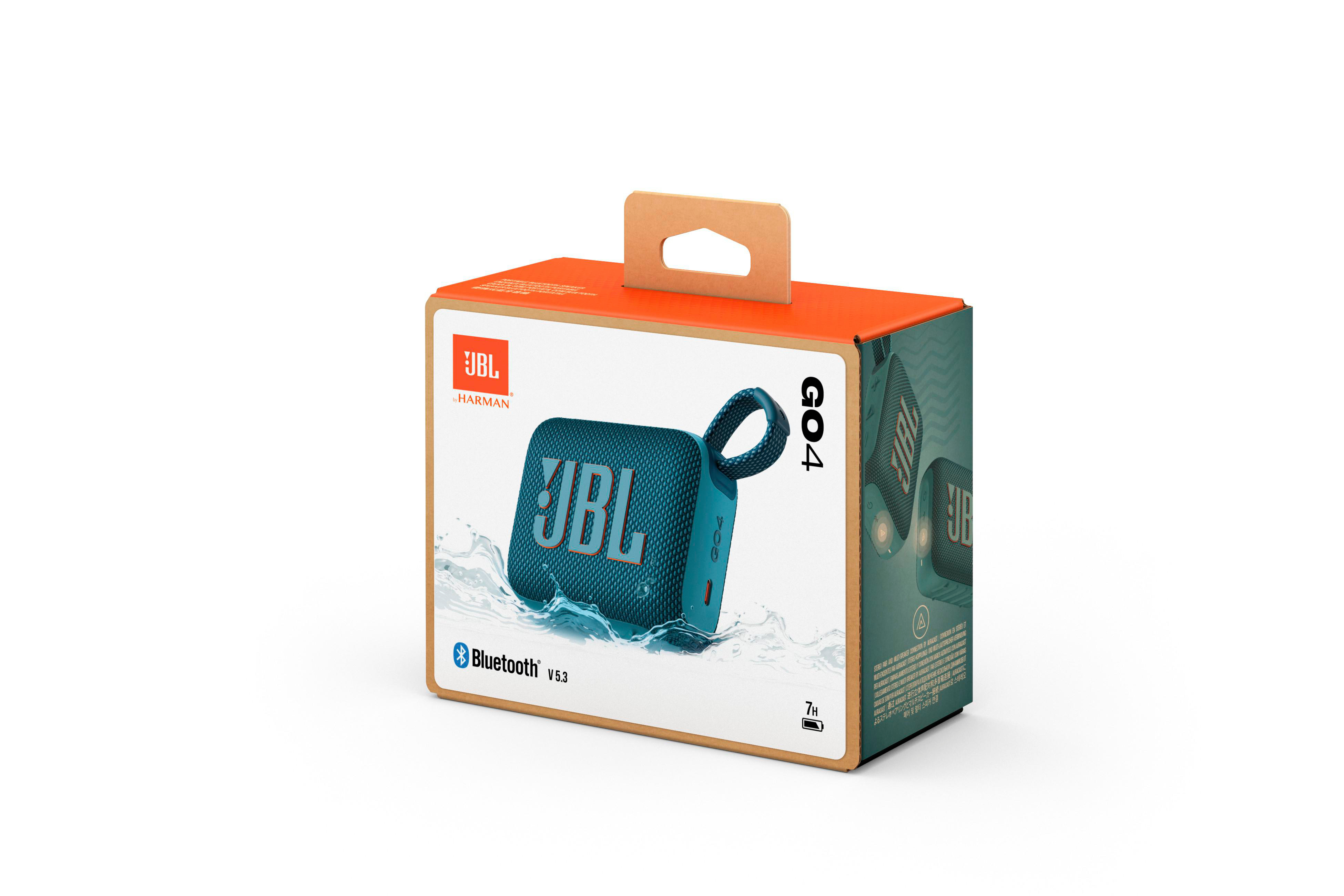JBL Go 4 Lautsprecherbox, orange und weiß mit einer tealfarbenen Lautsprechergrafik und Logo.