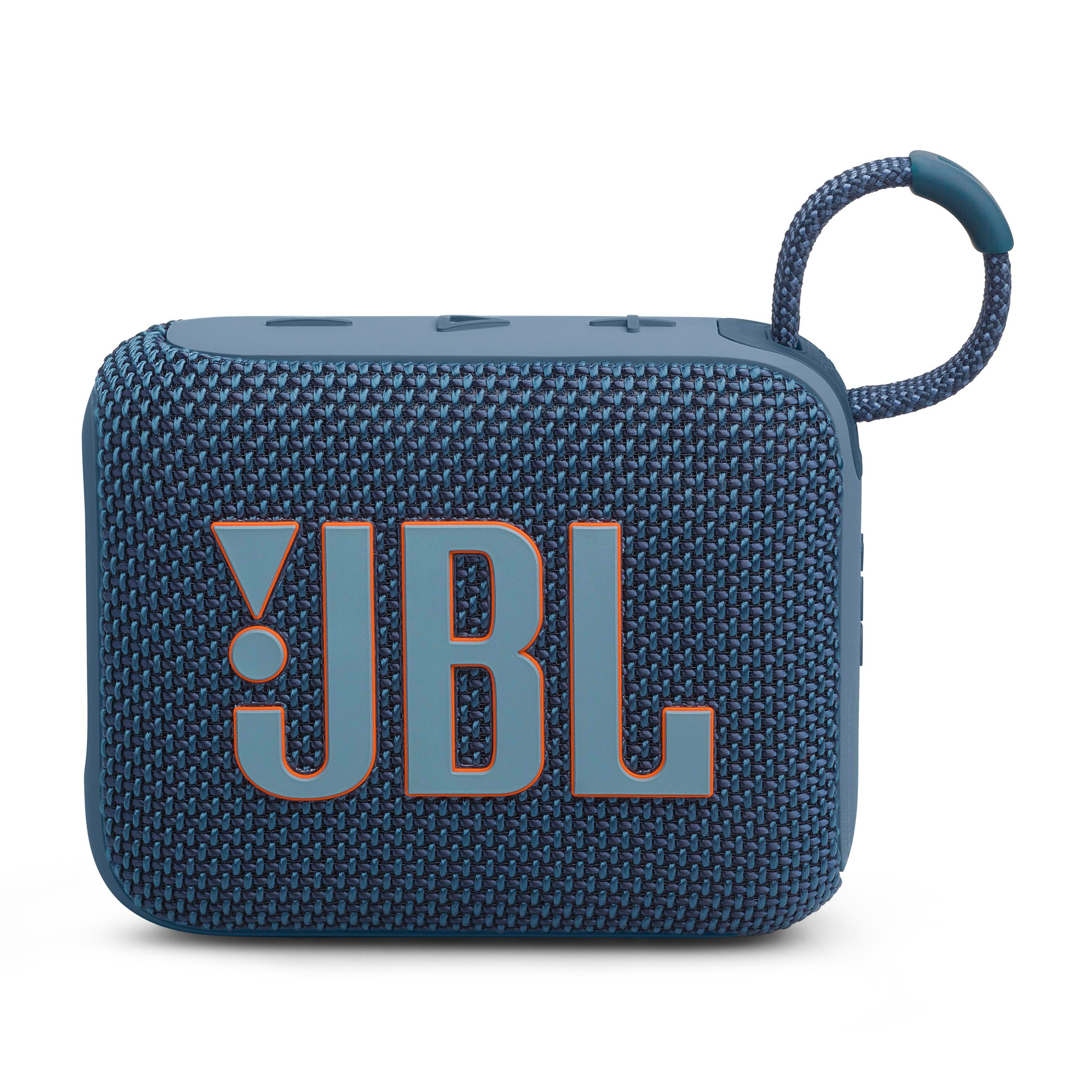 Ein blauer JBL-Lautsprecher mit orangefarbenem JBL-Logo. Er hat einen blauen Riemen.