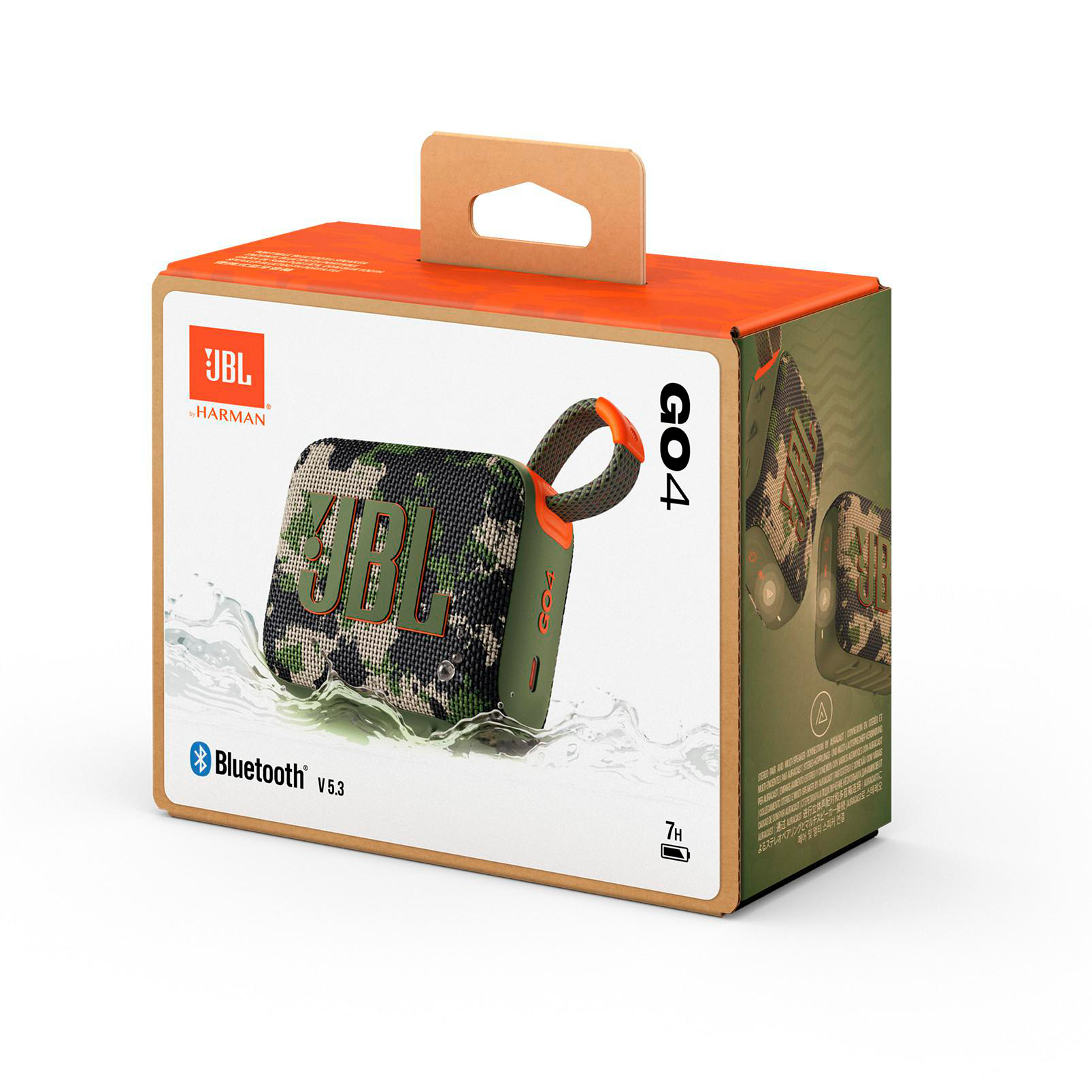 JBL GO4-Lautsprecher in einer Box. Es ist ein kleiner, tragbarer Lautsprecher mit Tarnmuster.