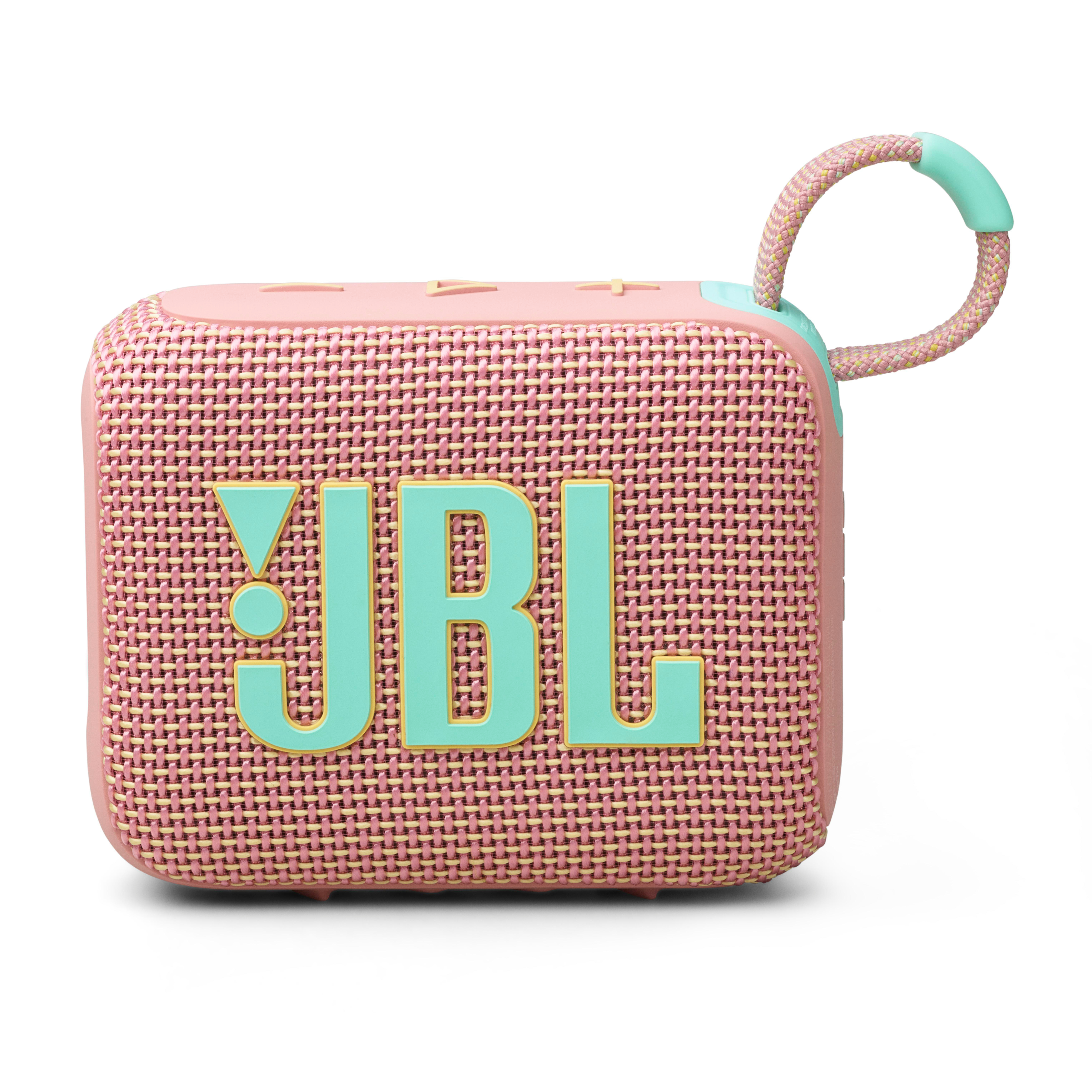 Rosa JBL-Lautsprecher mit türkisfarbenem JBL-Logo und rosa Griff. Weißer Hintergrund.